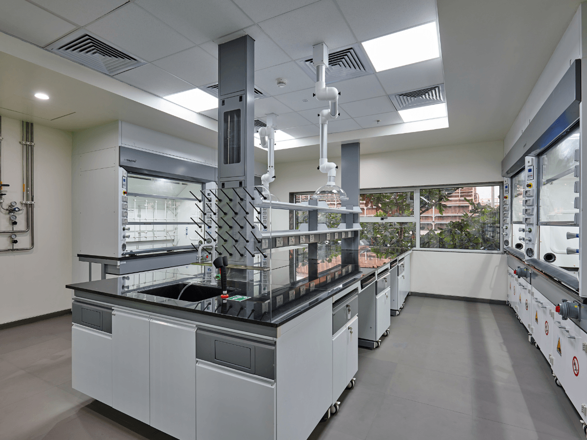 Chemical Engineering Company, Ambernath, Thane - Lab Granite Tables, Eye Wash Showers, Pegboards, Sport Extractors - Lab Design