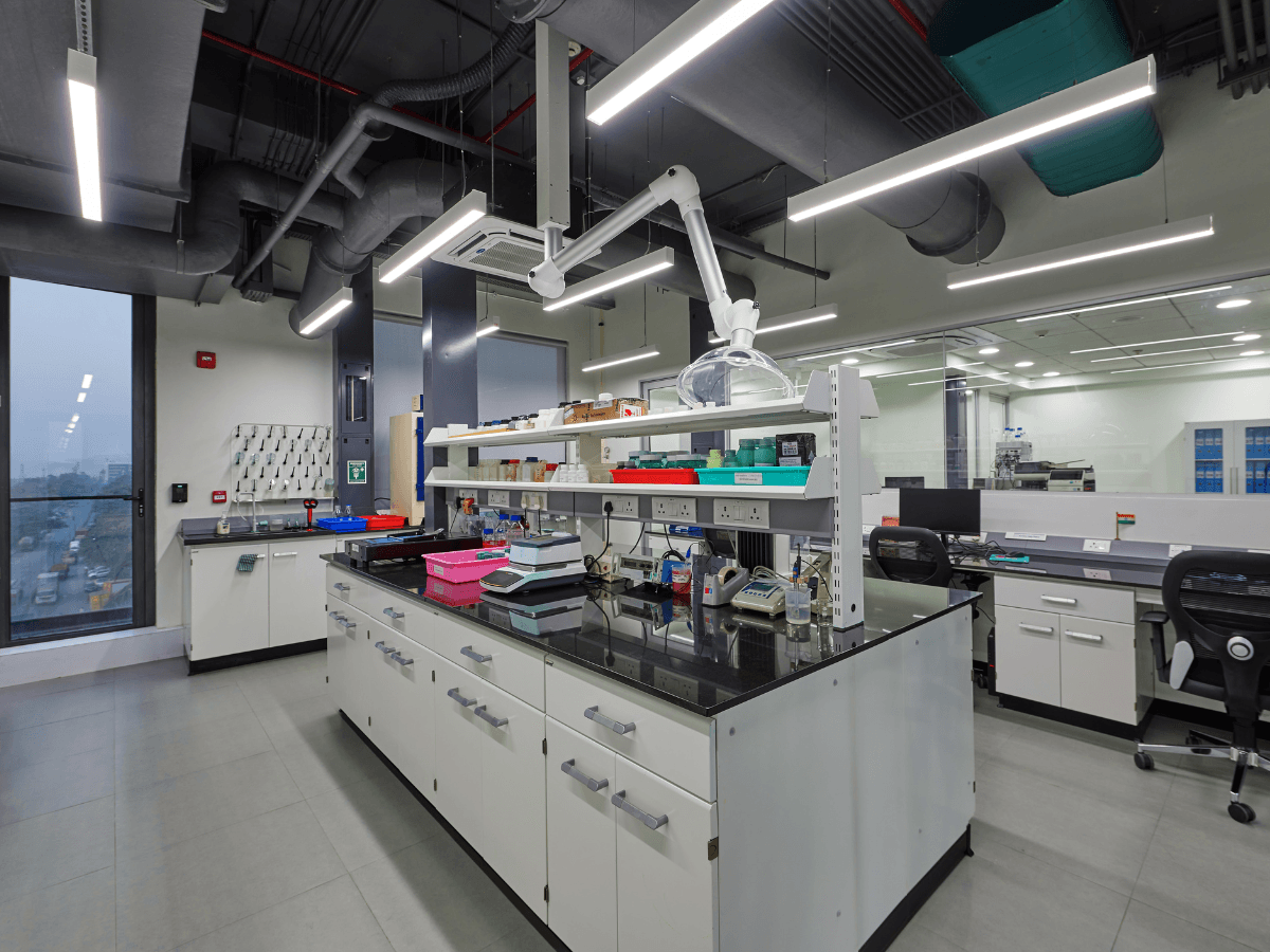 Specialty Chemical Company, Juinagar, Navi Mumbai - Lab Furniture, Spot Extractors, Pegboard, safety showers - Lab Architecture and Interior Design by Arena Consultants